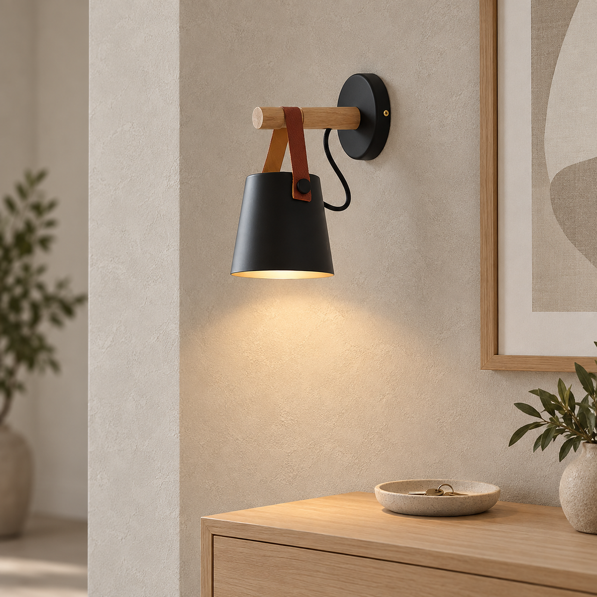 Cilarno black wall light glowing on a narrow entryway strip in daytime