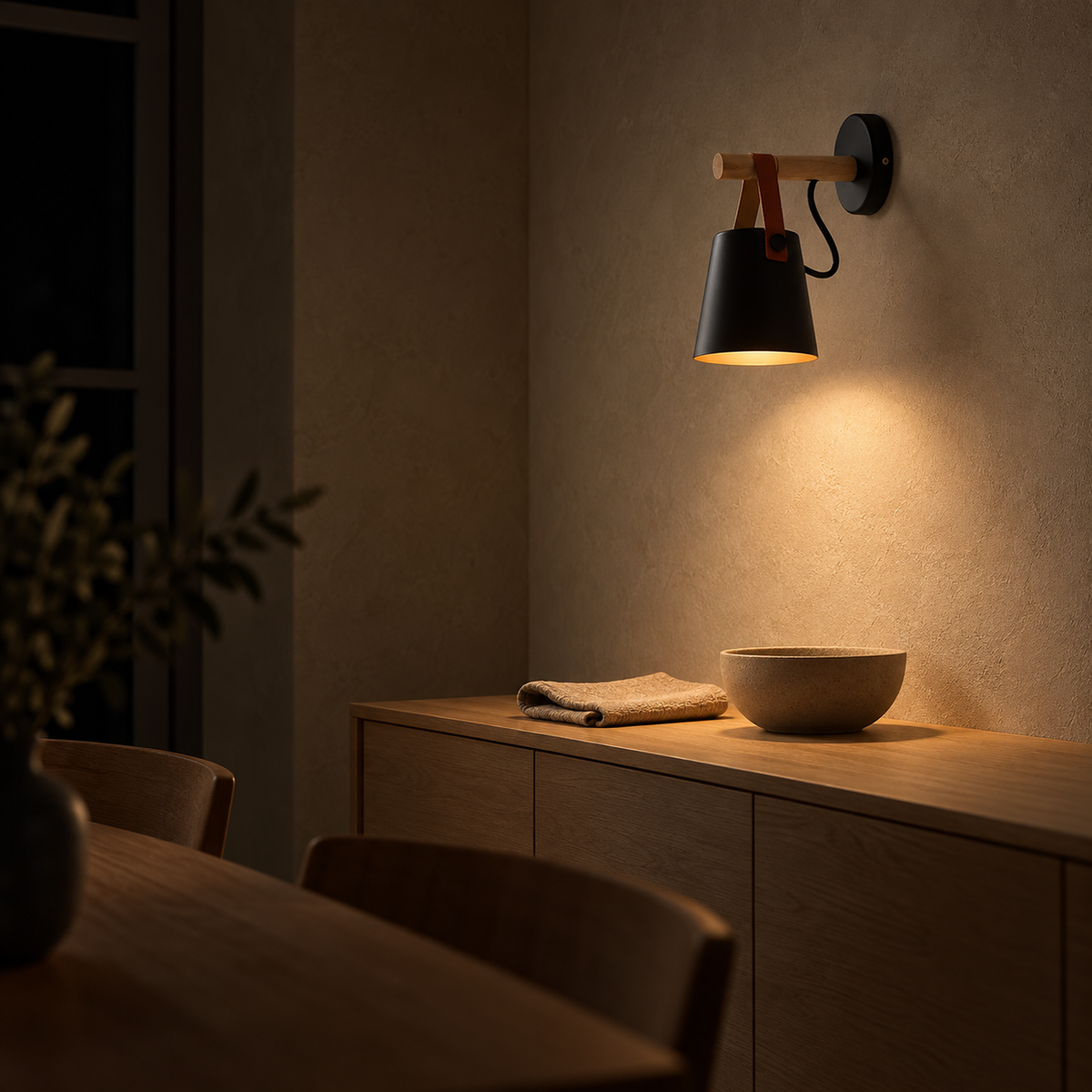 Cilarno black wall sconce washing dining room plaster with downward light at night
