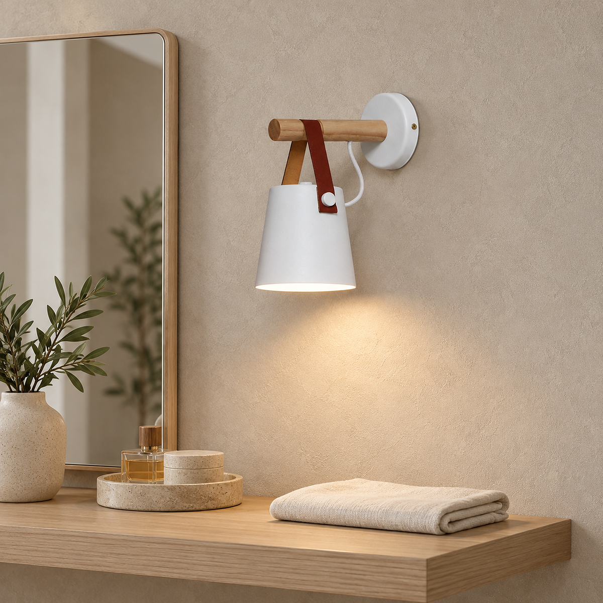 Cilarno white wall light lit beside a dressing room shelf in daylight #color_white