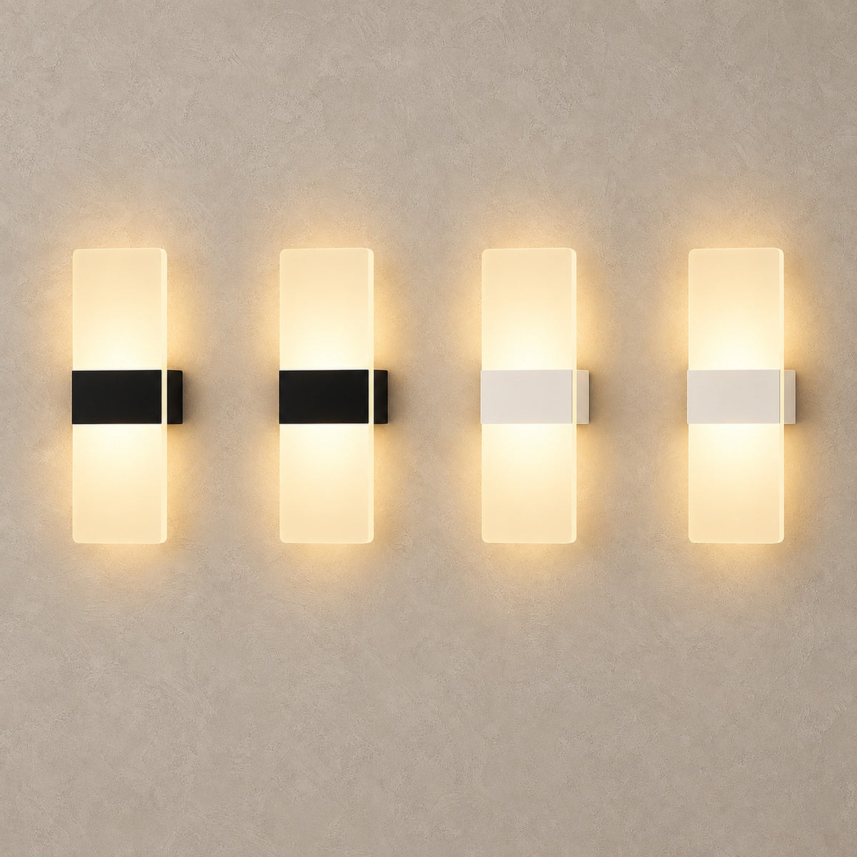 Ciloreva black and white wall sconce pairs lit together, showing both finishes