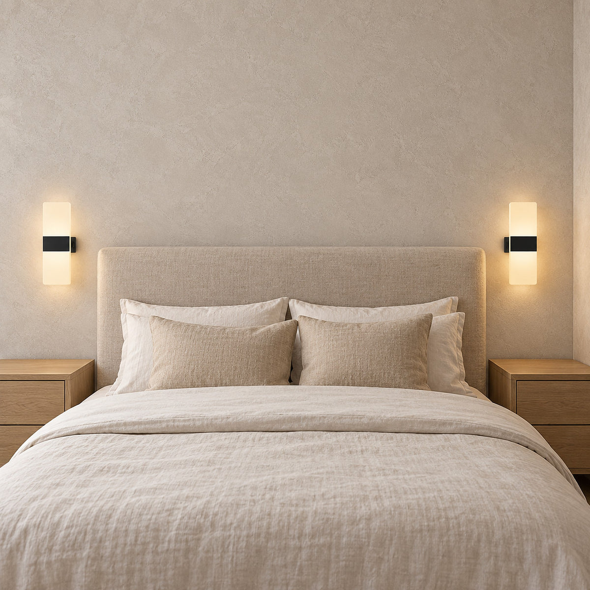 Ciloreva black bedside wall light pair above a clear nightstand in a daytime bedroom