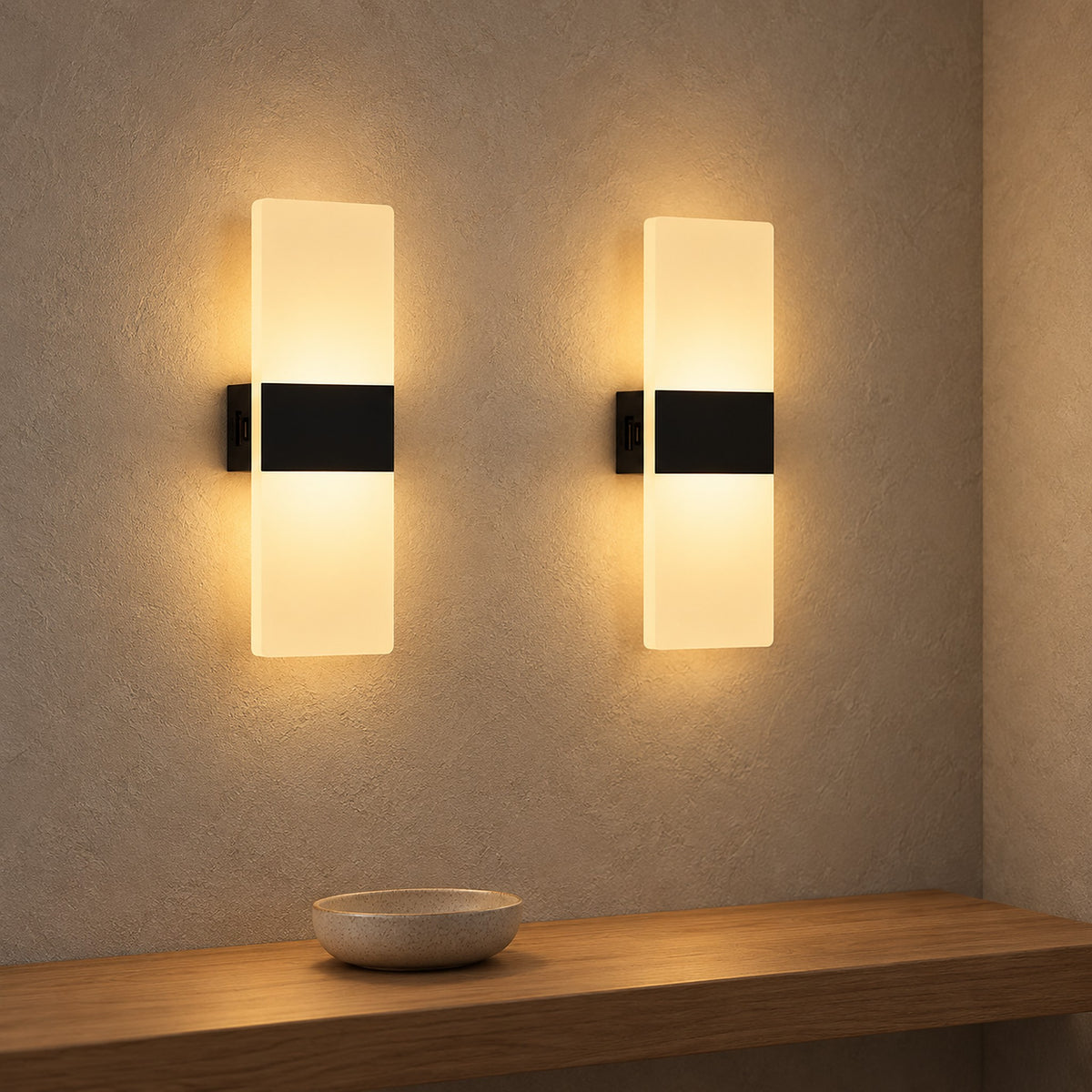 Ciloreva black wall light pair at full brightness on a stair landing