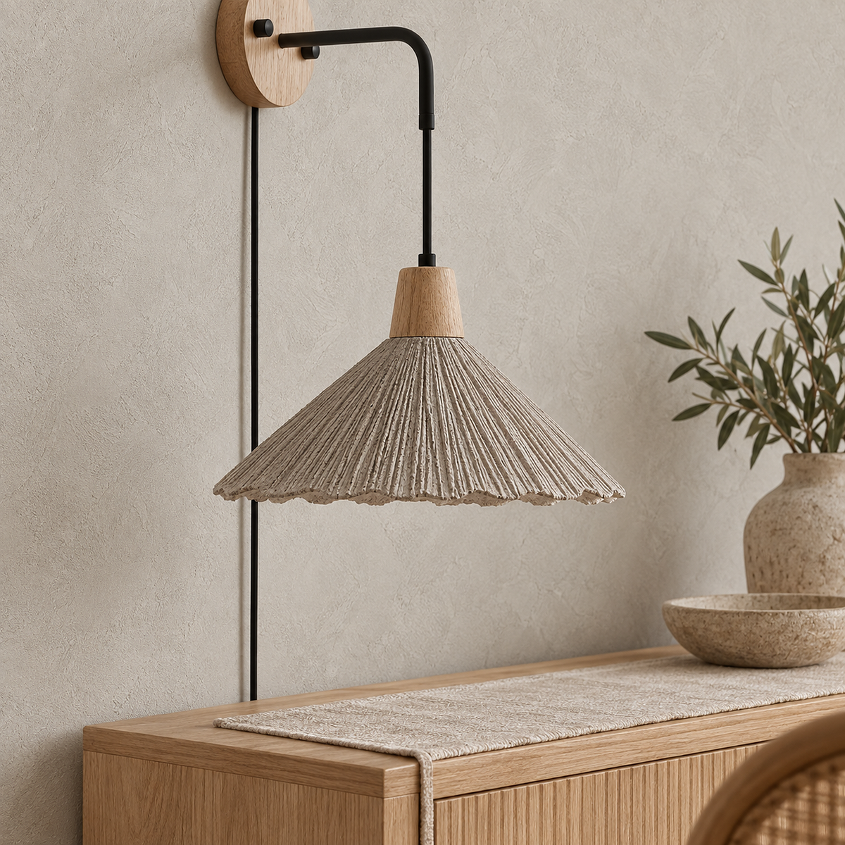 Cimessa wood color and cement gray bedside wall light close up on microcement shade ridges and wood collar