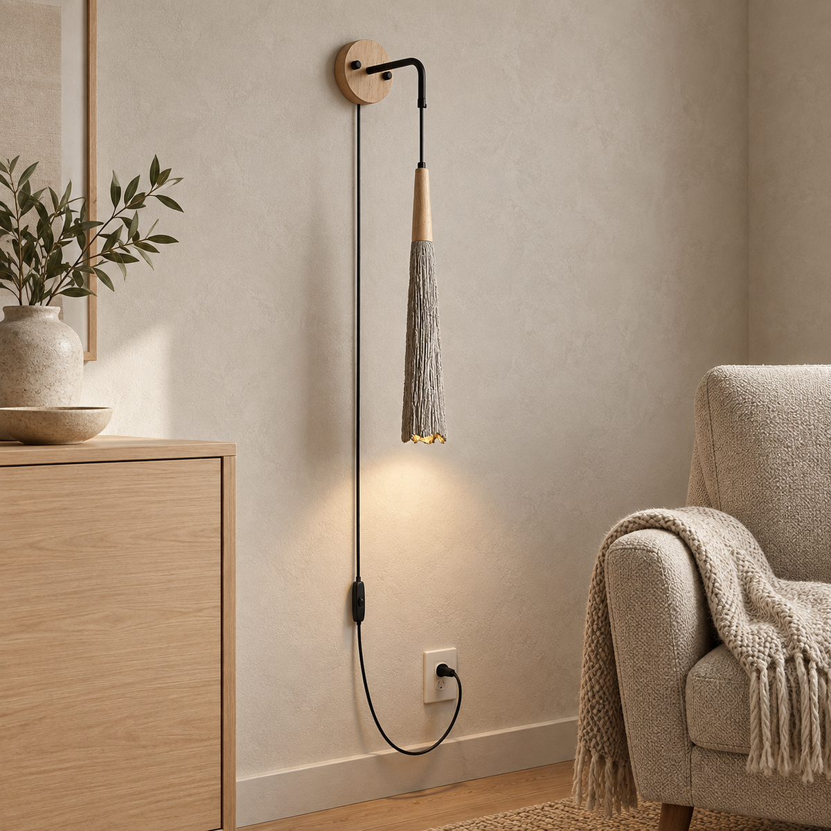Cimessa wood color and cement gray wall sconce lit beside an oatmeal chair in a music room