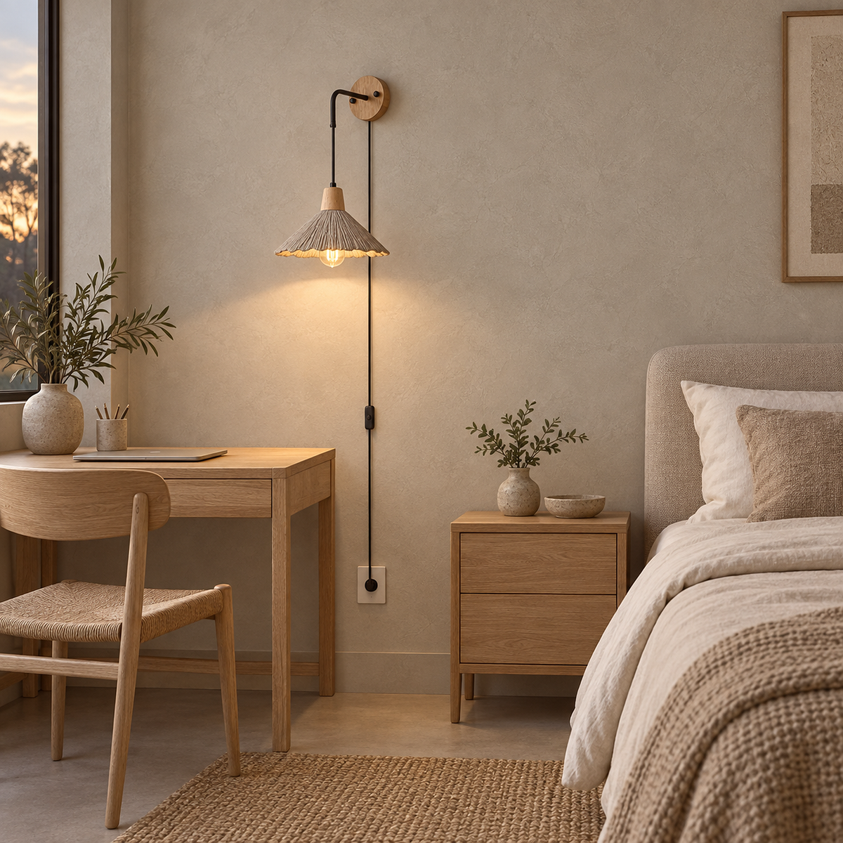 Cimessa wood color and cement gray plug in wall sconce lit above a home office desk with no bulb included