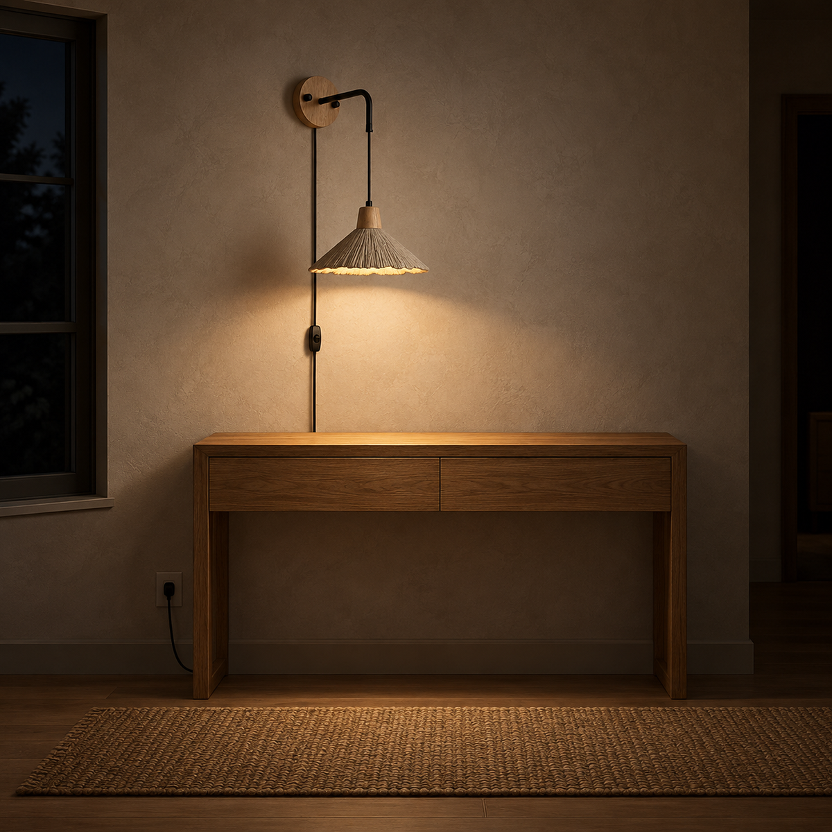 Cimessa wood color and cement gray plug in wall sconce lighting an empty entry console table at night