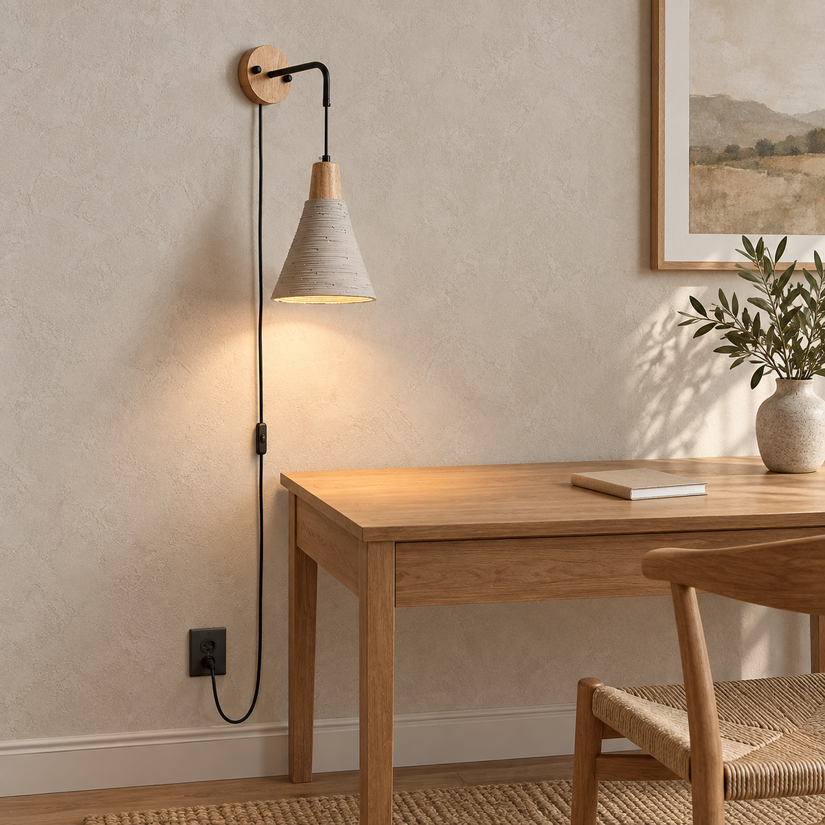 Cimessa wood color and cement gray plug in wall sconce lit in a study with its cord and plug in view