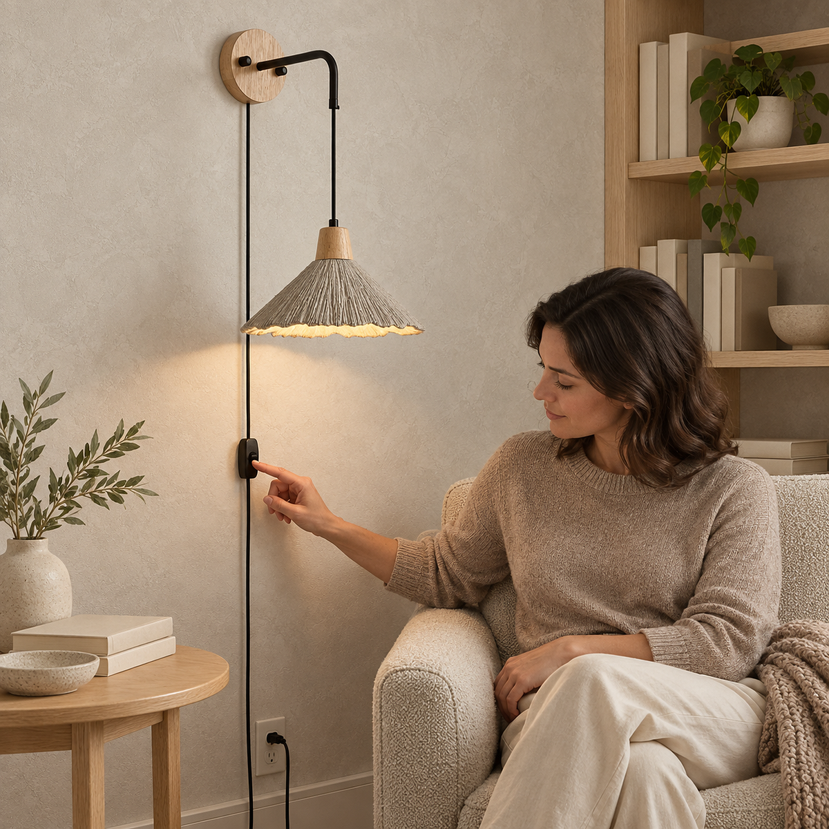 Cimessa wood color and cement gray plug in wall sconce with a hand at the inline cord switch