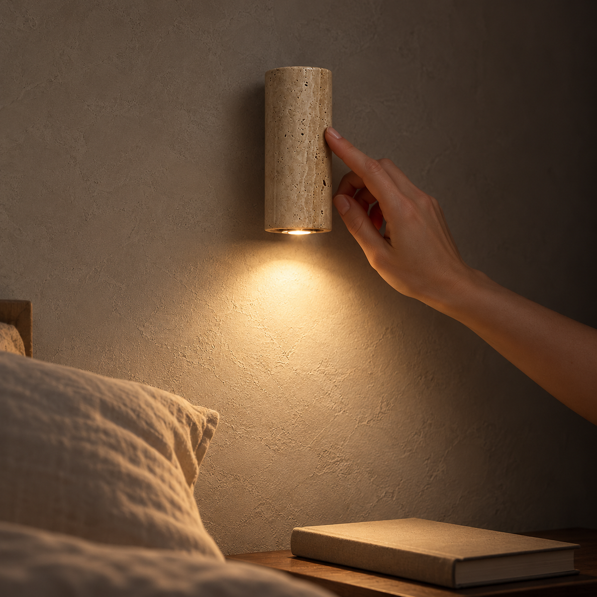 Cimorela bedside wall light on at night, bulb hidden inside the lower opening