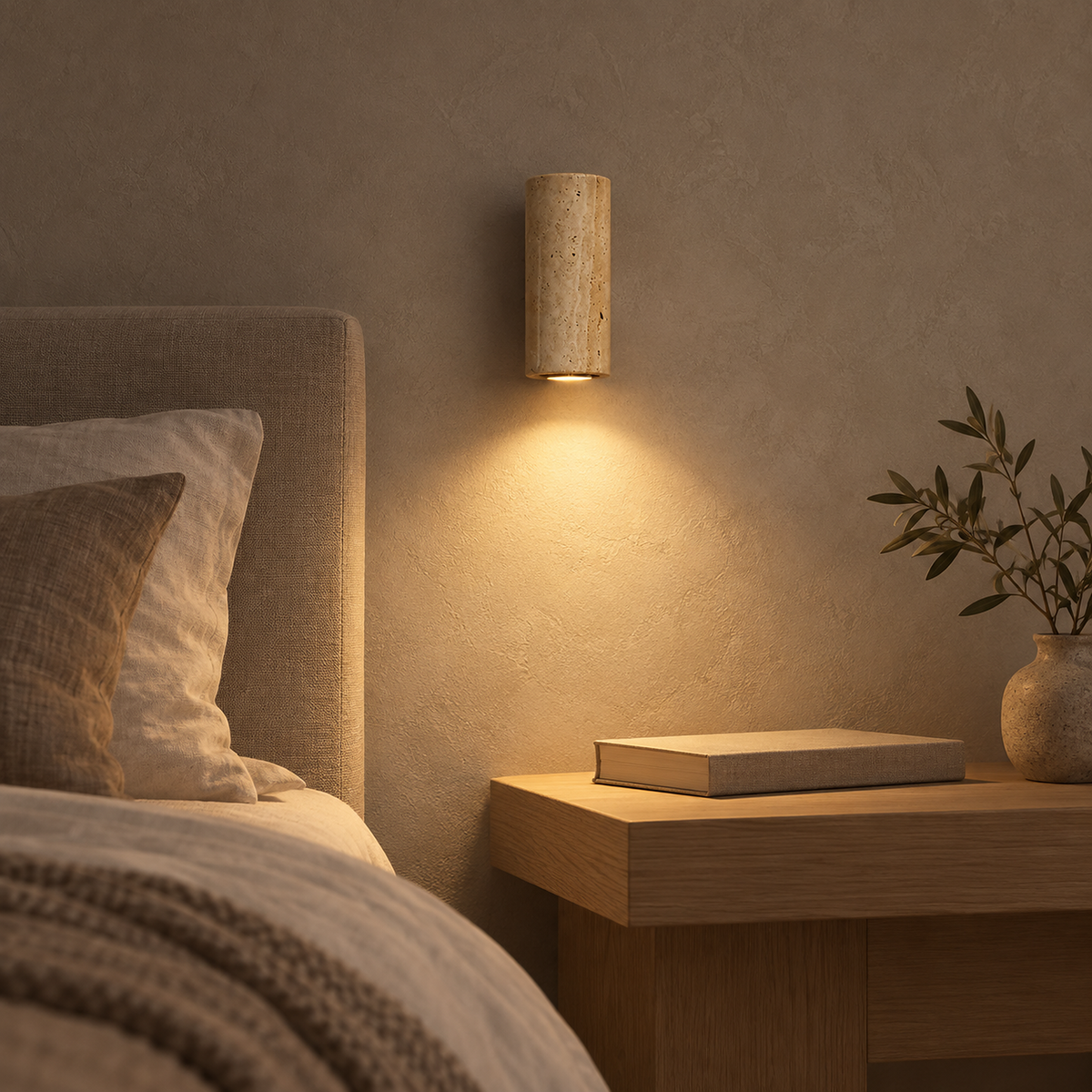 Cimorela travertine bedside wall light sending warm light down the bedroom wall