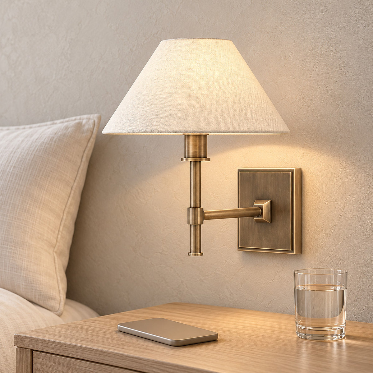 Ciralmo gold wall lamp lit above a clear bedside table in a guest sleeping alcove by day