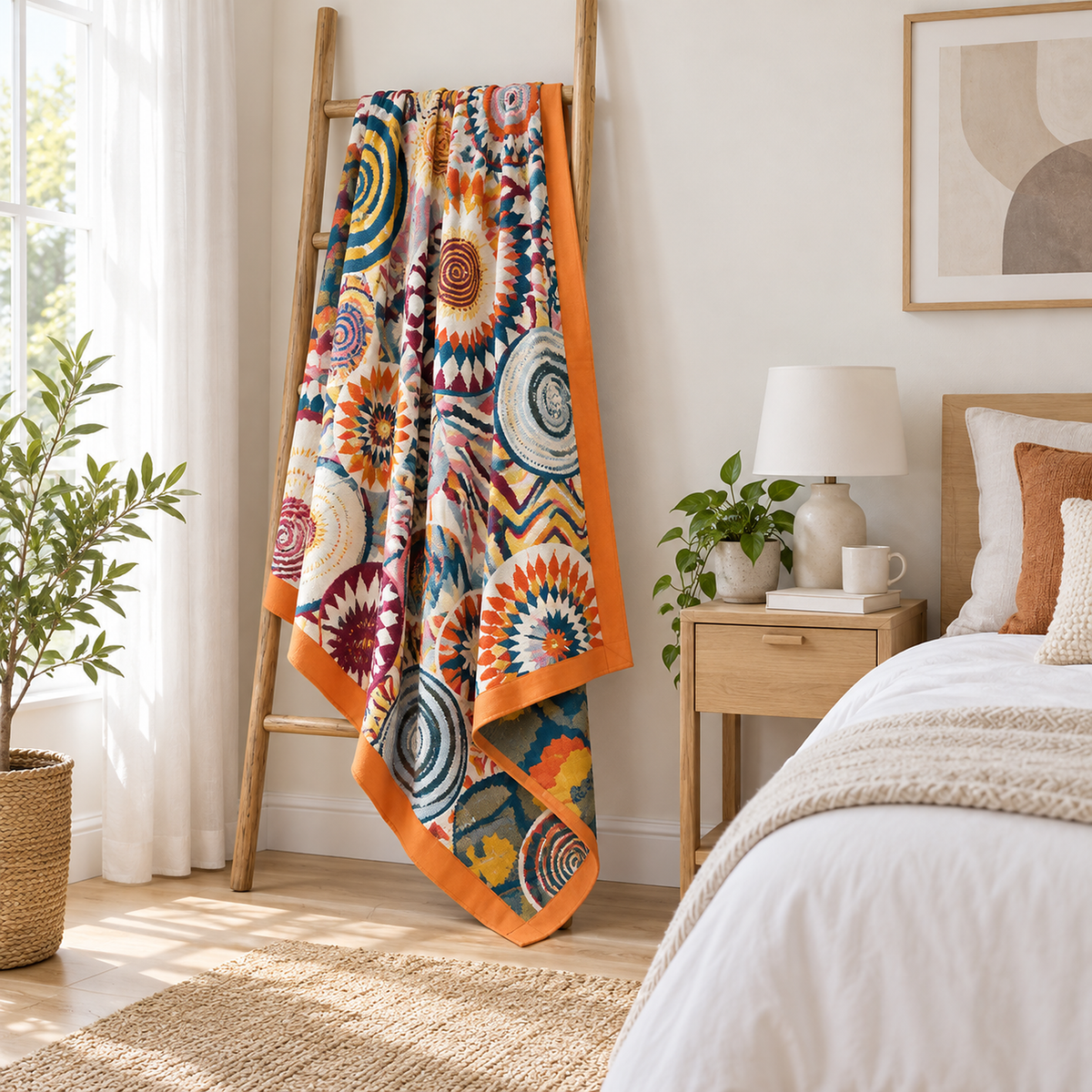Ciranel multicolored & cotton jacquard blanket open on a blanket ladder with its darker reverse side showing