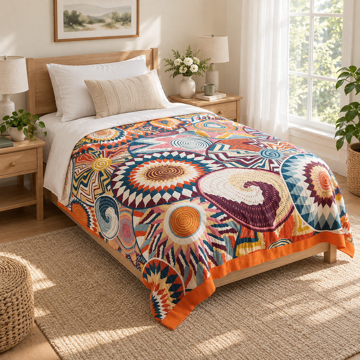 Ciranel multicolored & cotton throw blanket covering a twin guest bed, orange edging hanging down the sides