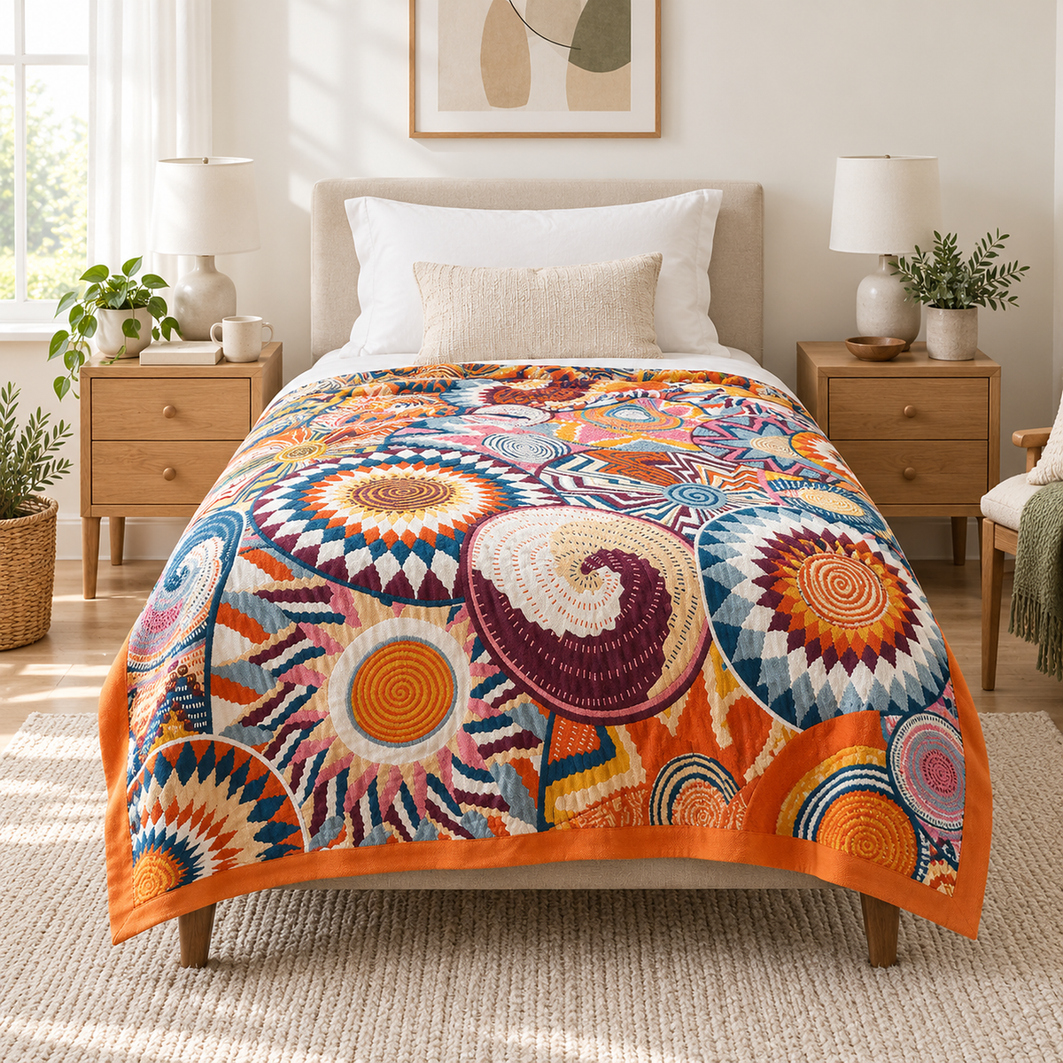 Ciranel multicolored & cotton throw blanket spread on a twin bed with even drops on both sides