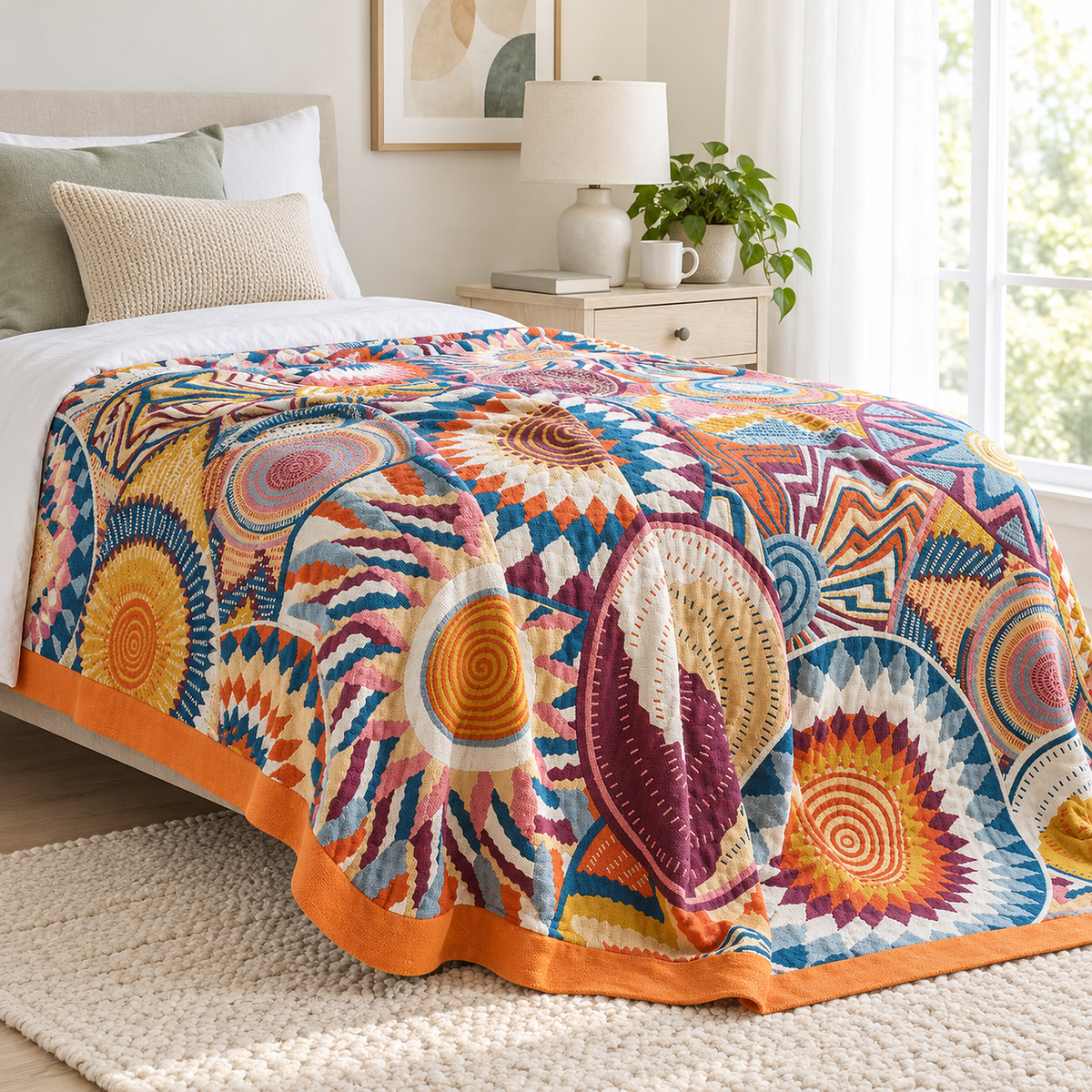 Ciranel multicolored cotton throw blanket with its woven jacquard fabric dropping beside the mattress of a twin bed
