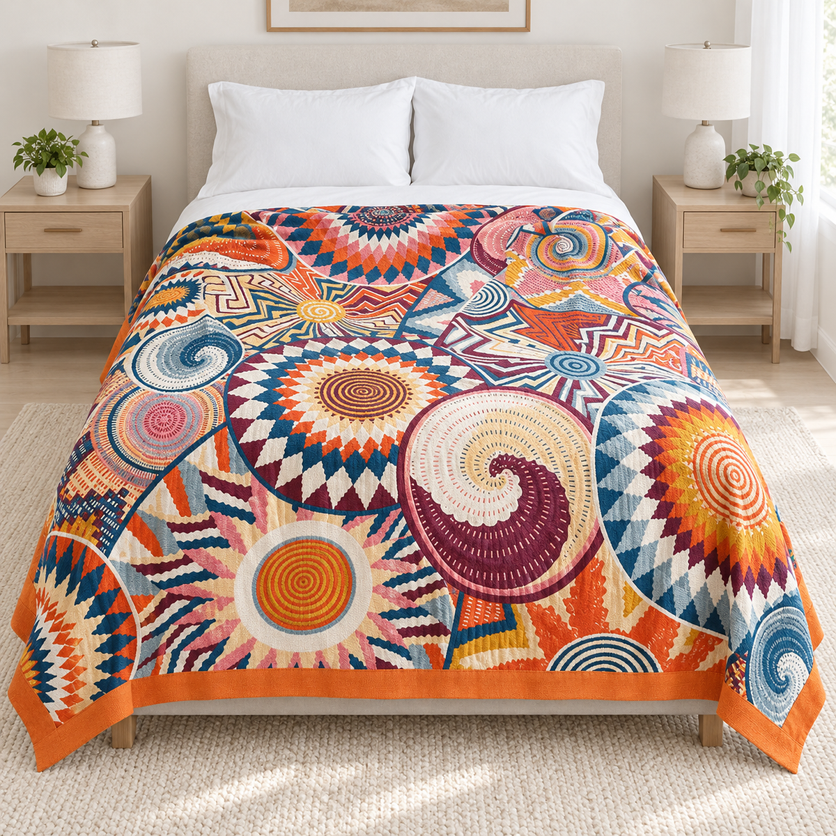 Ciranel cotton throw blanket in multicolored jacquard spread fully over a twin bed in a bright daylit bedroom