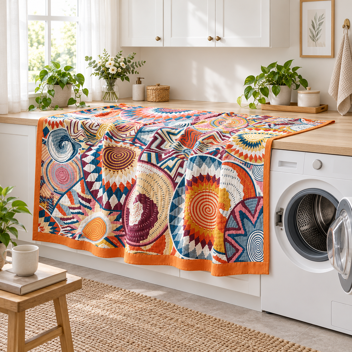 Ciranel throw blanket in multicolored & cotton beside an open home washing machine, machine washable