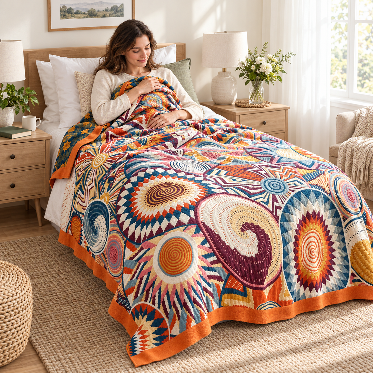 Ciranel throw blanket in multicolored & cotton covering an adult resting in a twin bed in a bright bedroom