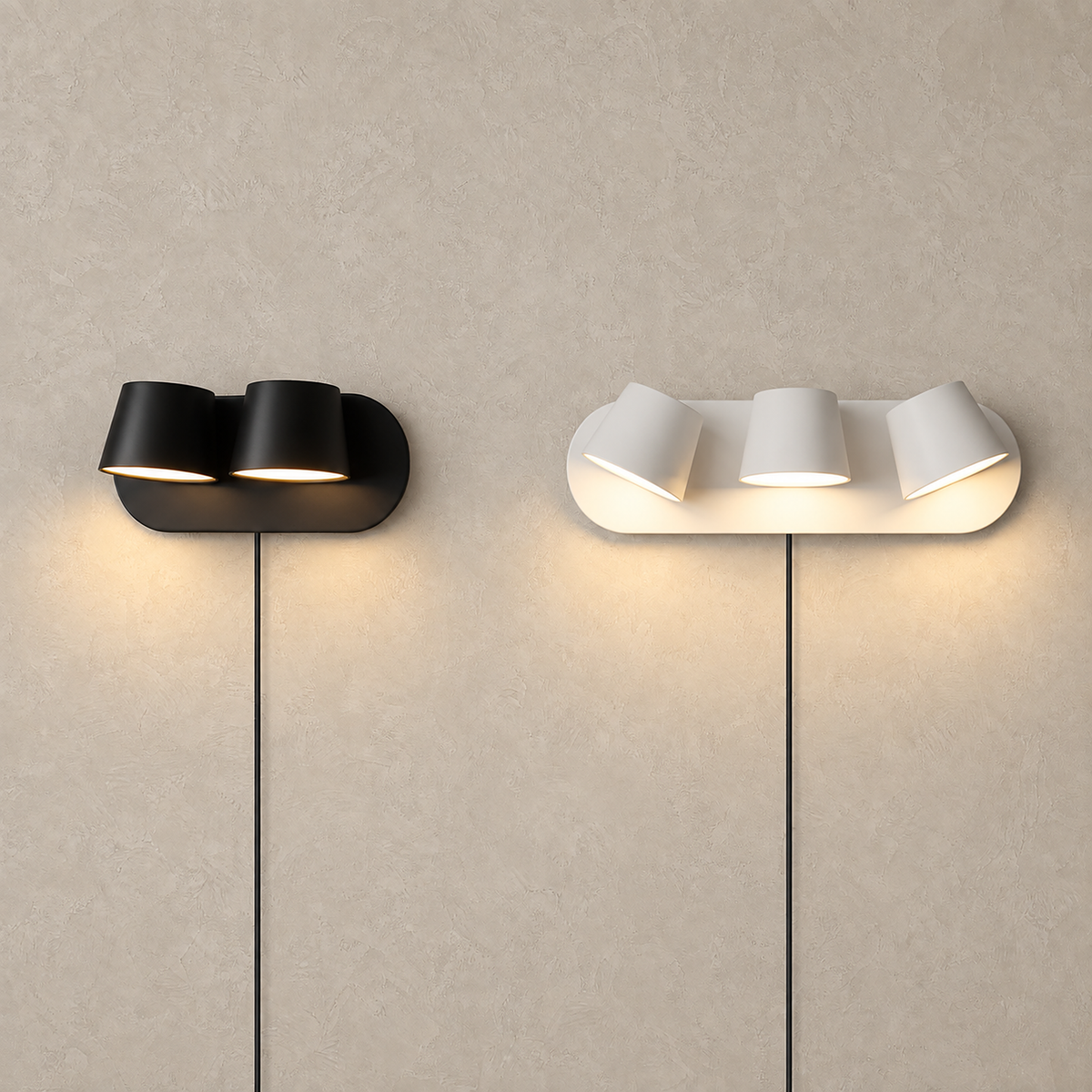 Cirelvo black and white two head LED reading wall sconces lit side by side on a plain plate