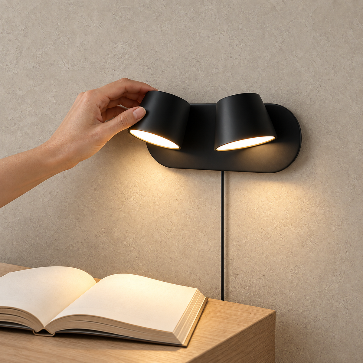Cirelvo black LED wall sconce adjusted by hand toward a book in a guest bedroom