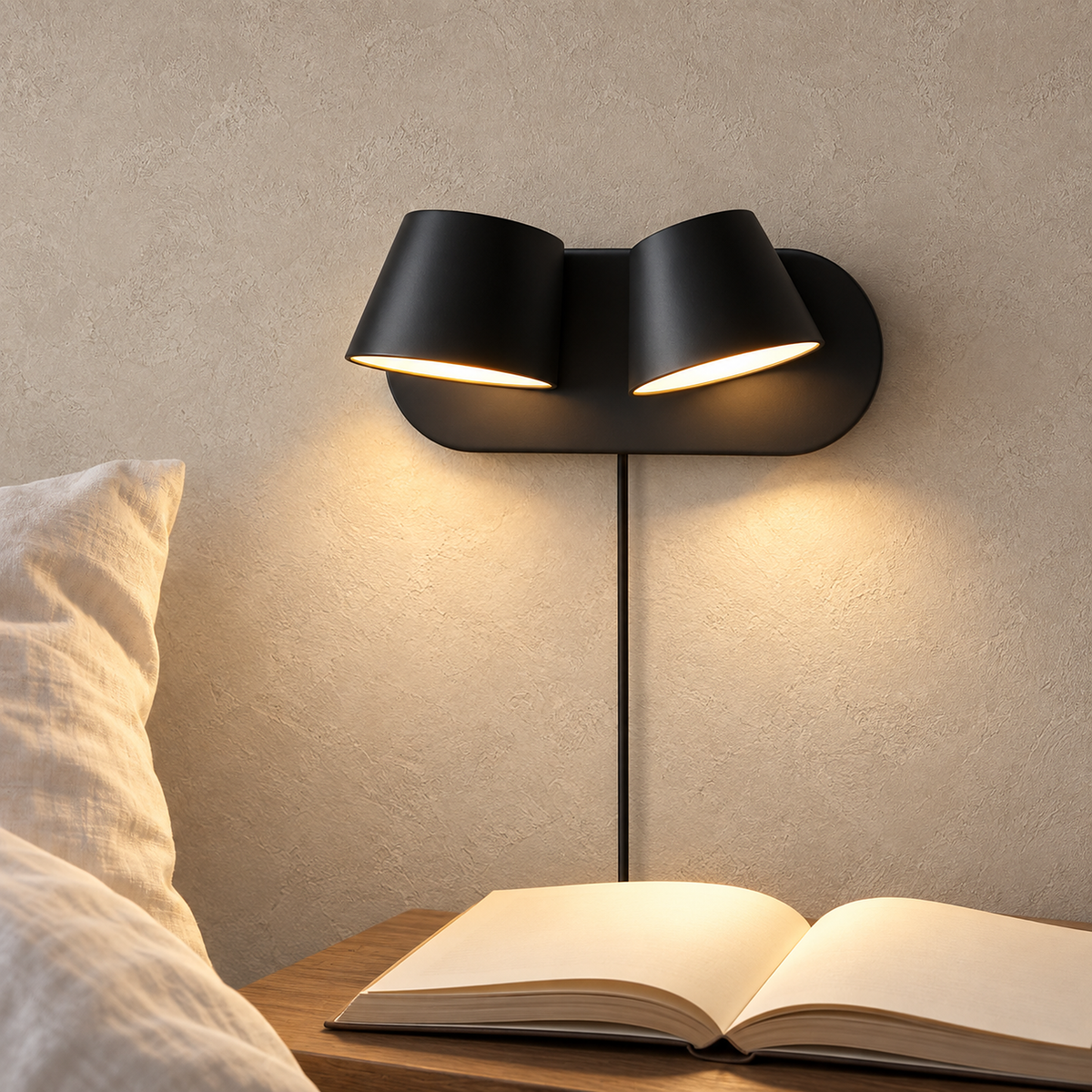 Cirelvo black LED wall sconce lighting an open book in a guest bedroom by day