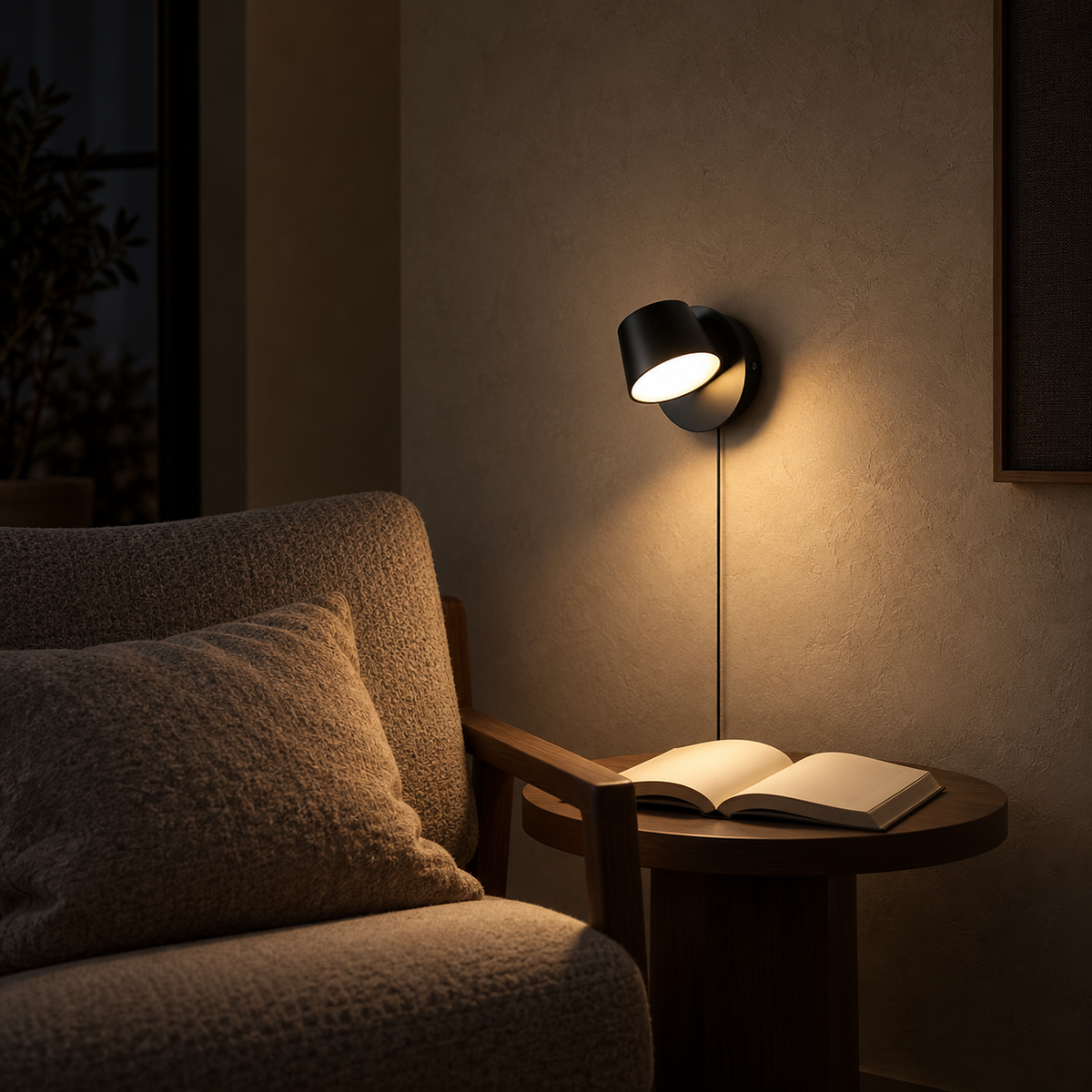 Cirelvo black LED wall sconce lighting pages beside a reading chair in a living room at night