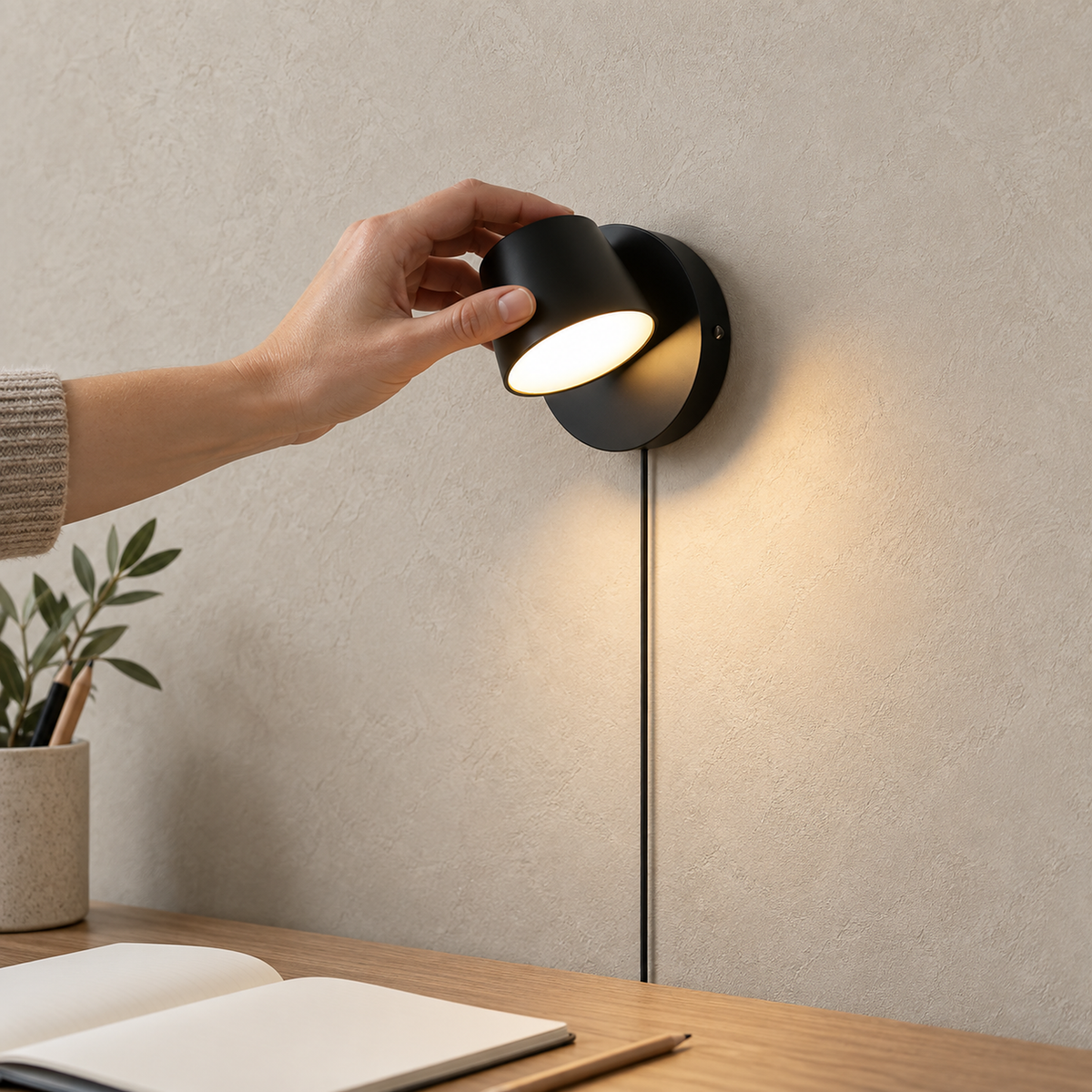 Cirelvo black LED wall sconce mounted above a home office desk and switched on by day