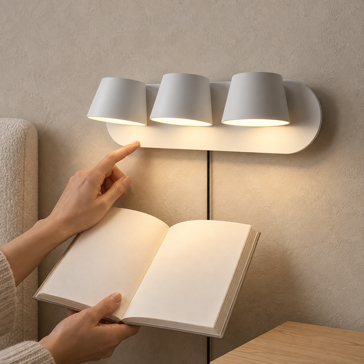 Cirelvo white three head bedside lamp casting warm light onto an open book in a guest bedroom #color_white