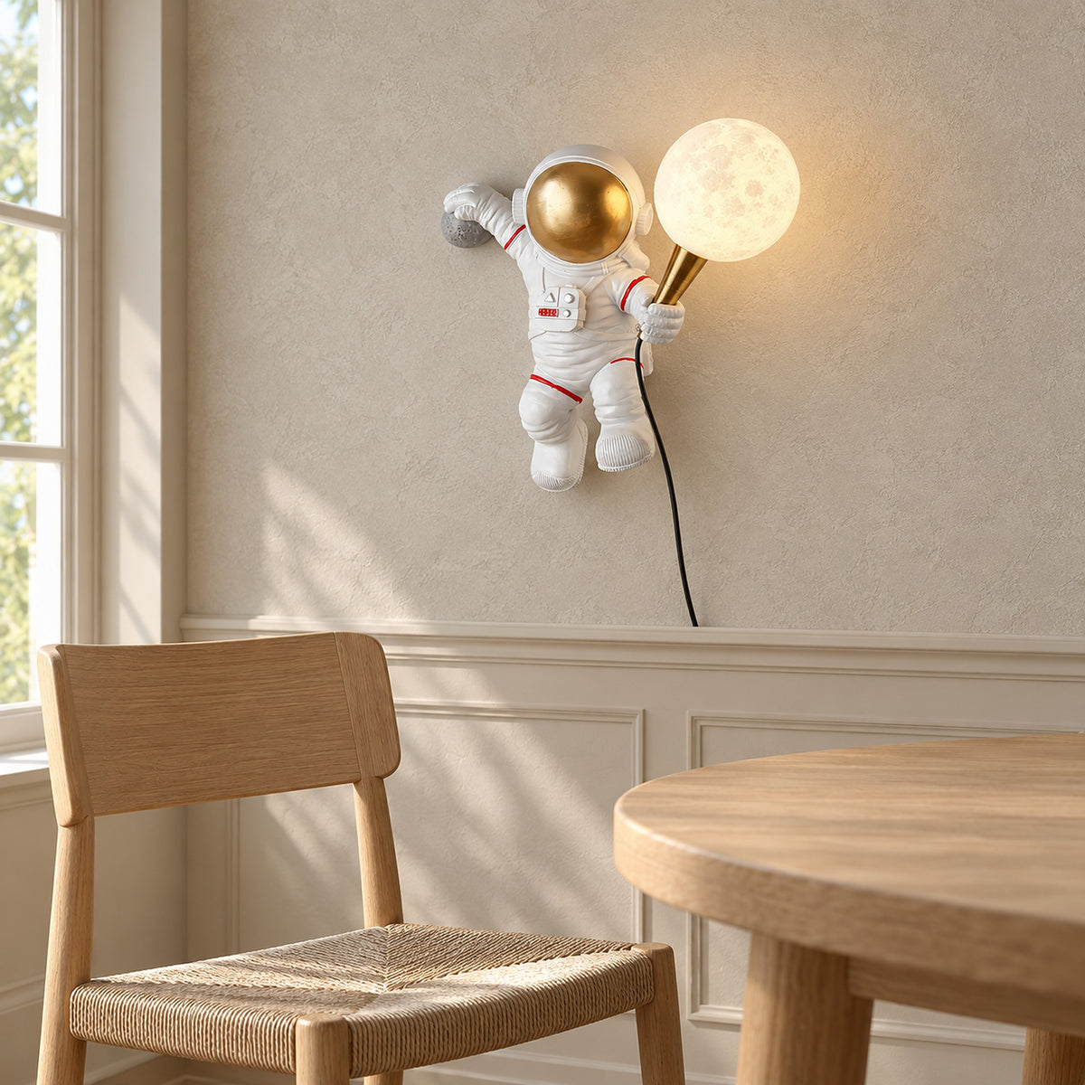 Ciremola white and gold wall sconce, sculpted astronaut with red suit accents above a dining chair