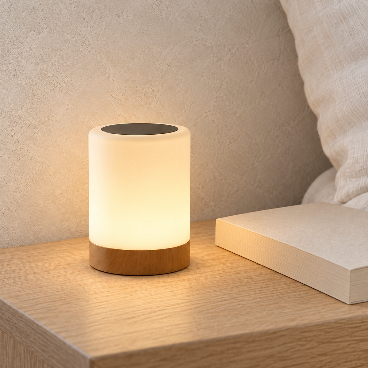 Cirmelva wood look bedside lamp glowing in a guest bedroom during the day