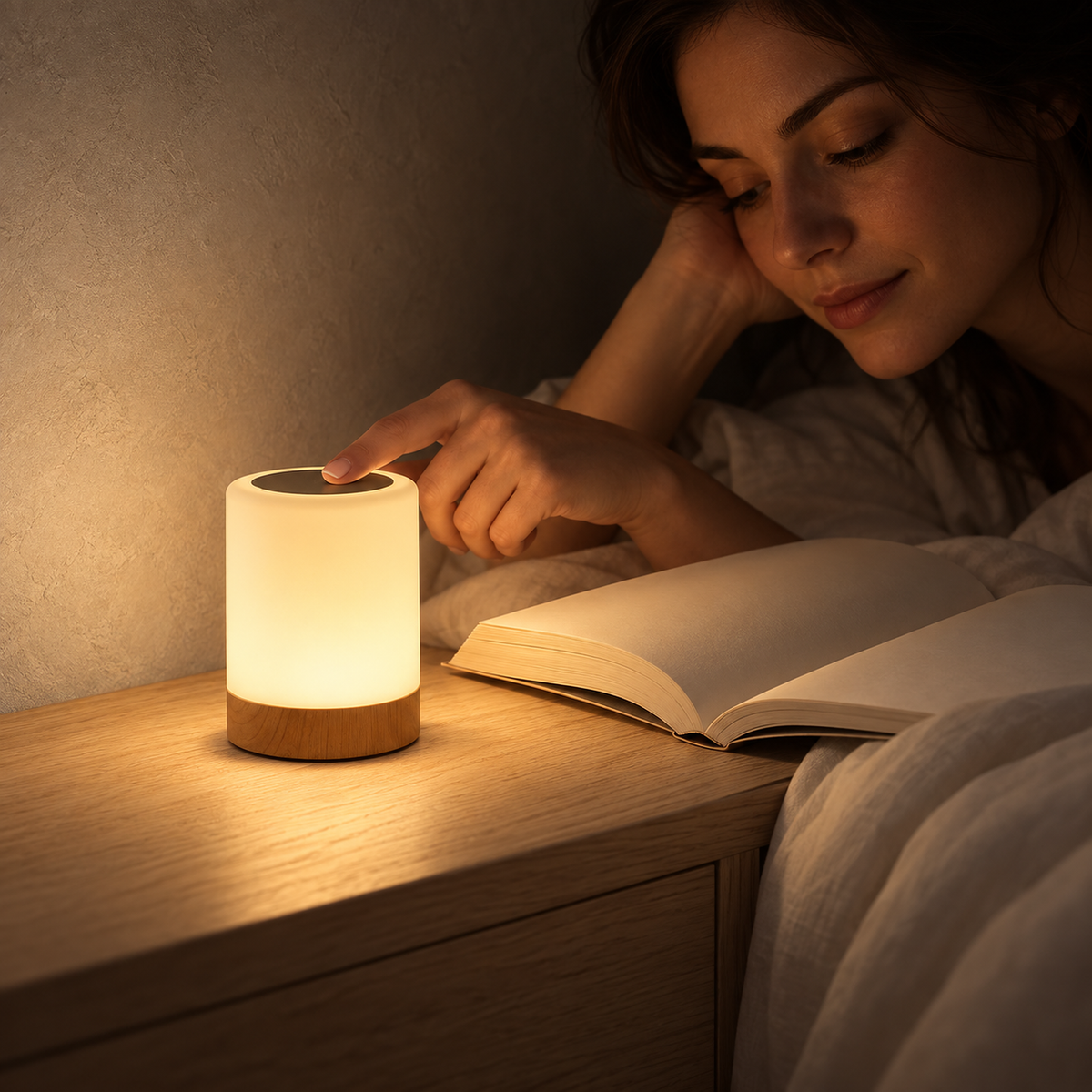 Cirmelva wood look bedside lamp lighting a reader and nearby book at night