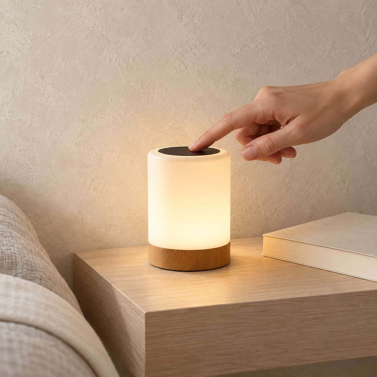 Cirmelva wood bedside lamp lit against a plain bedroom wall in daylight
