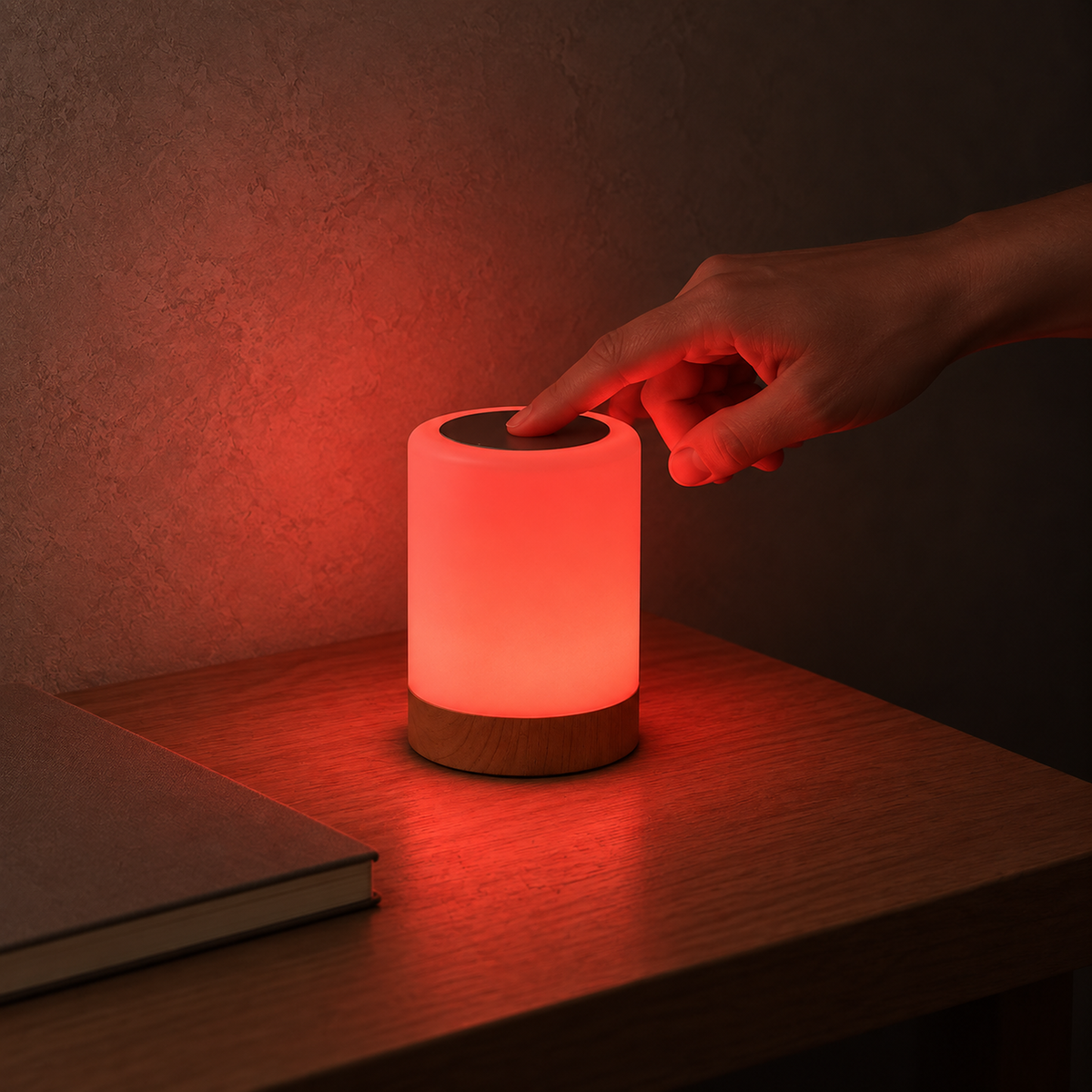 Cirmelva wood LED desk lamp glowing red as a fingertip touches its top panel