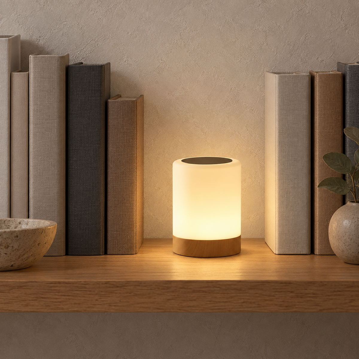 Cirmelva wood portable table lamp glowing between plain books on a living room shelf