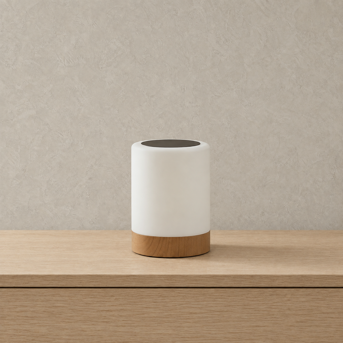 Cirmelva wood look rechargeable table lamp unlit on a plain studio plate