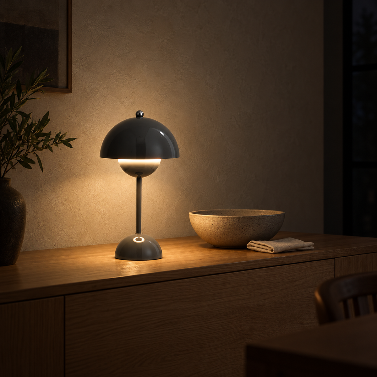 Coremila gray cordless table lamp lighting a dining room sideboard after dark #color_gray