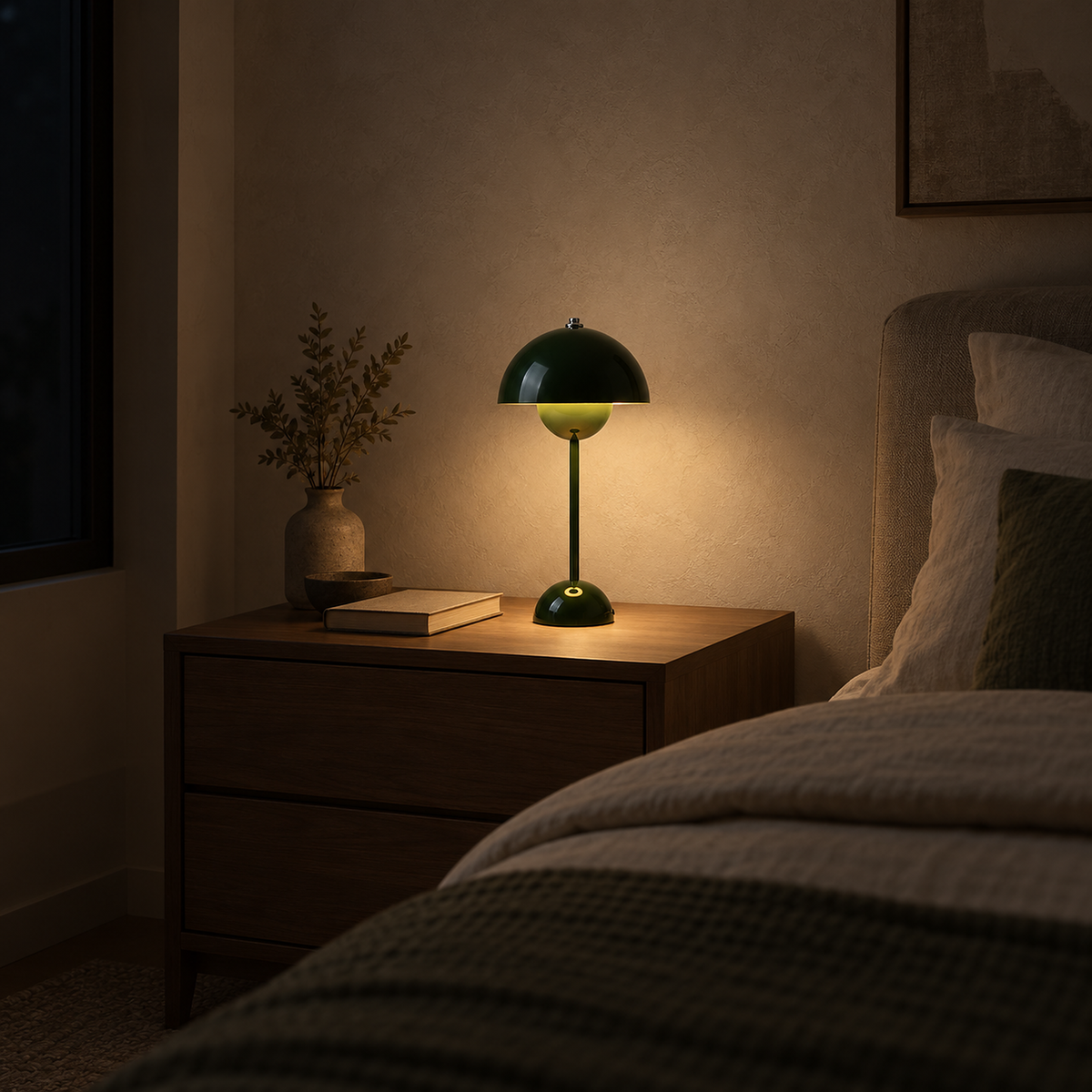 Coremila green bedside lamp dimmed low for a warm bedtime glow in a dark bedroom