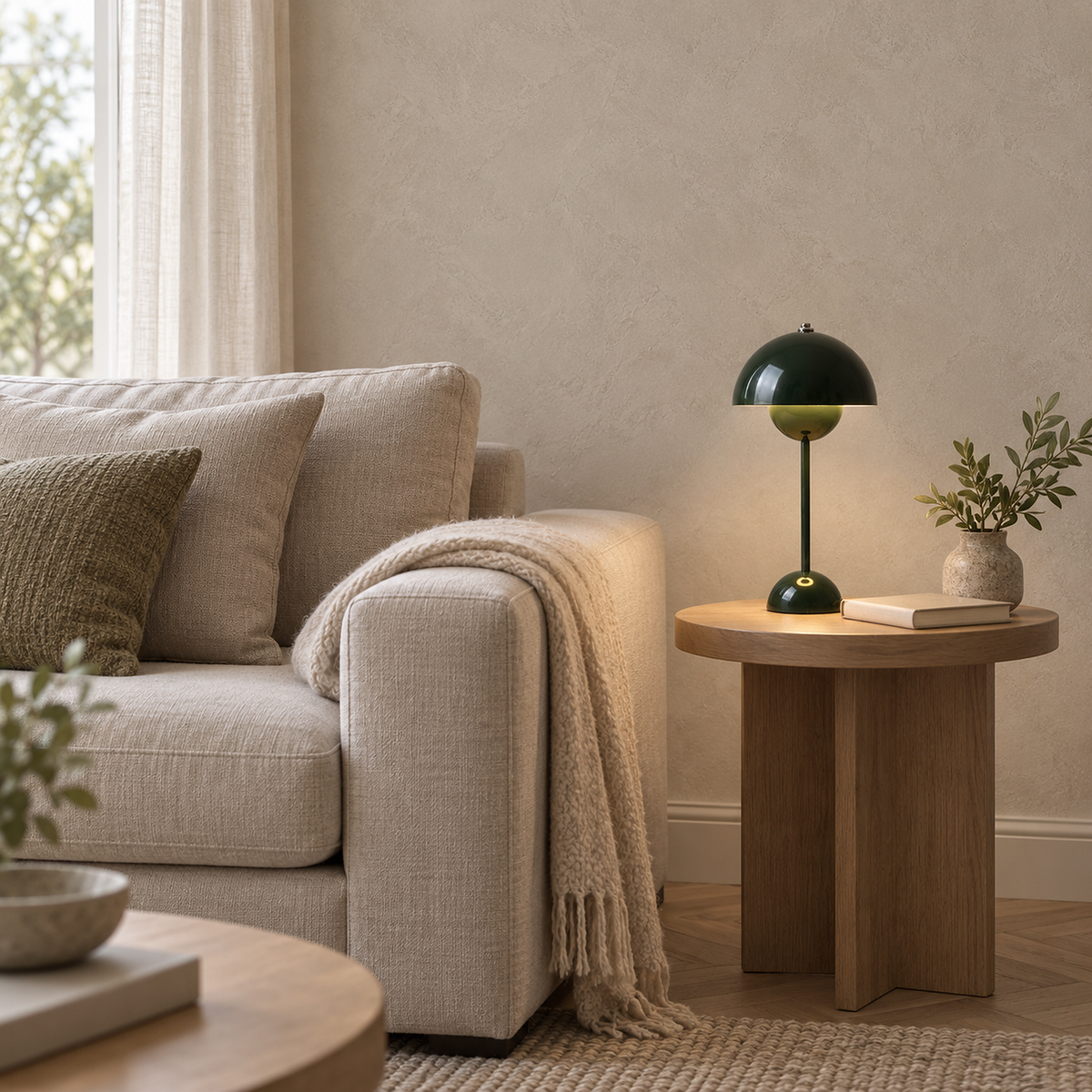 Coremila green cordless table lamp glowing beside an oatmeal living room sofa