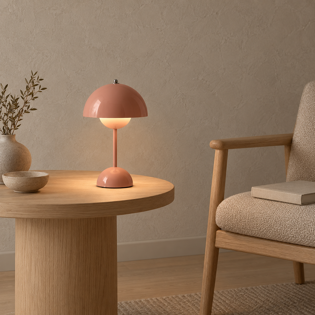 Coremila hot pink table lamp glowing warm white beside a library chair #color_hot pink