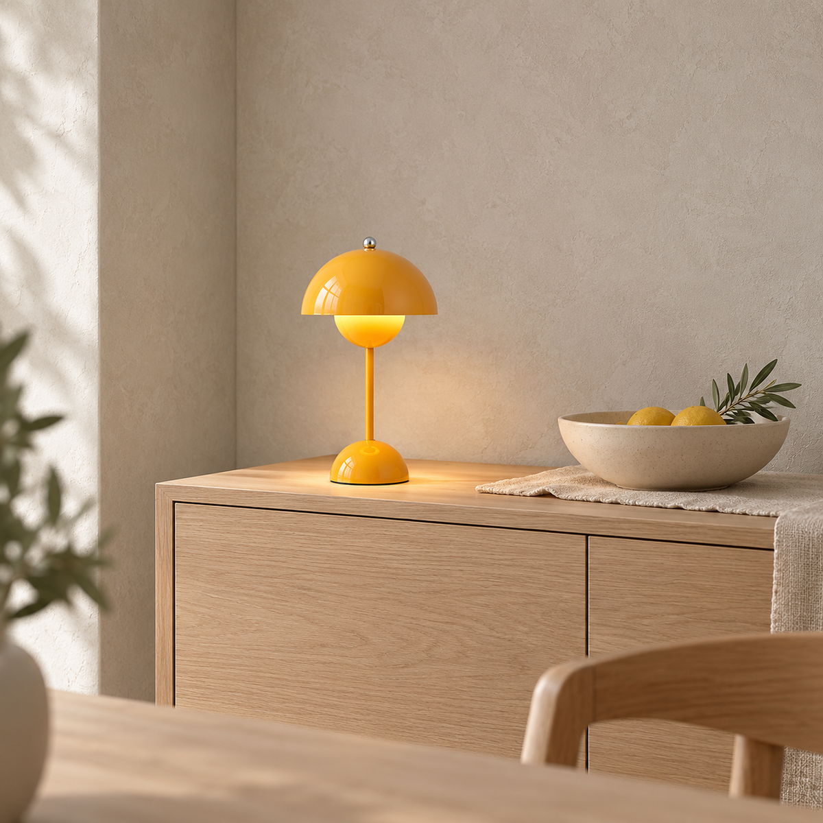 Coremila yellow portable table lamp glowing warm white on a dining room sideboard #color_yellow