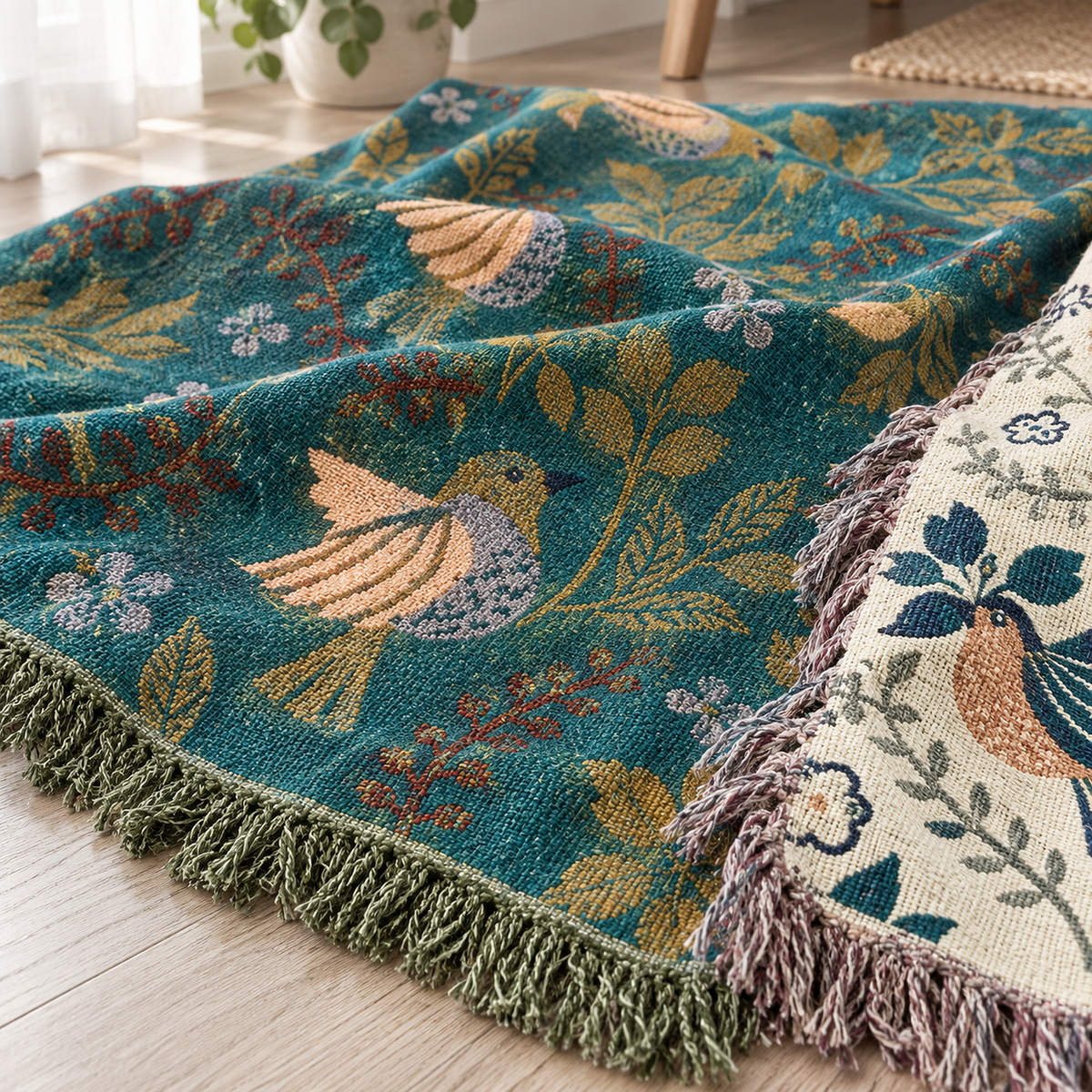 Corilma teal blue and cream cotton throw blanket close up of the jacquard weave and bird motif threads