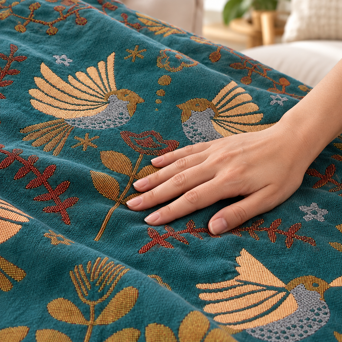 Corilma teal blue and cream cotton throw blanket with a hand smoothing the woven teal face
