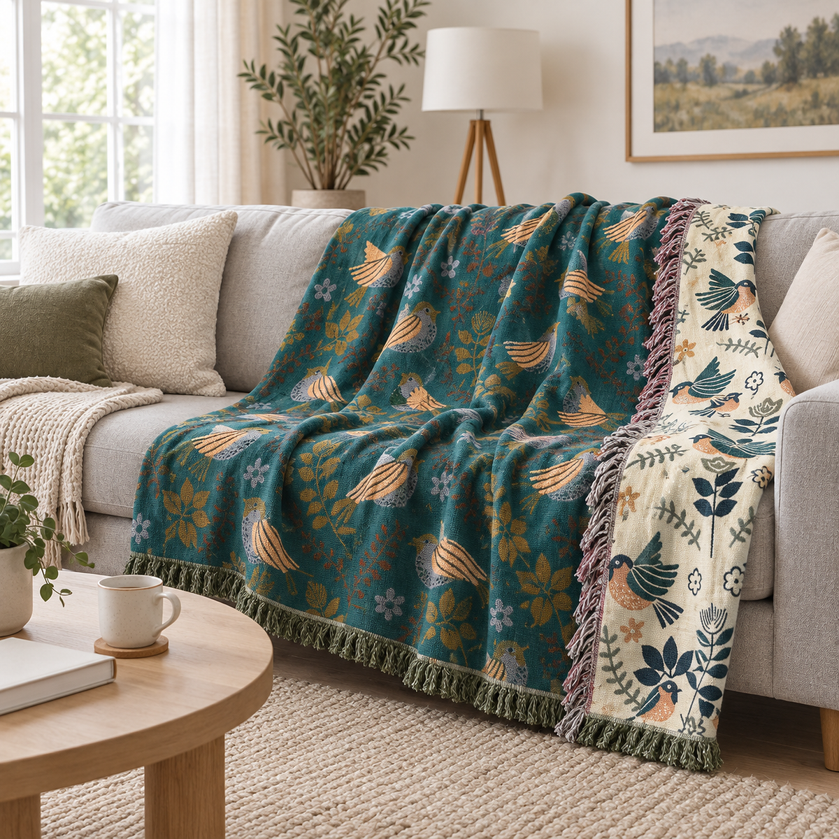 Corilma teal blue and cream cotton throw blanket draped open as a sofa cover in a bright living room