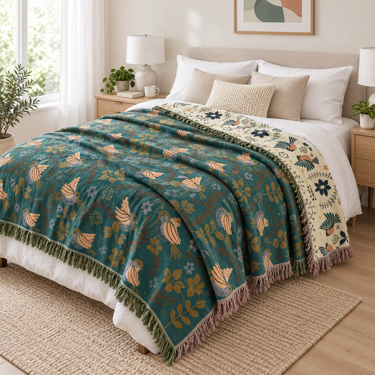 Corilma teal blue and cream queen size blanket hanging past the mattress edge in a guest bedroom