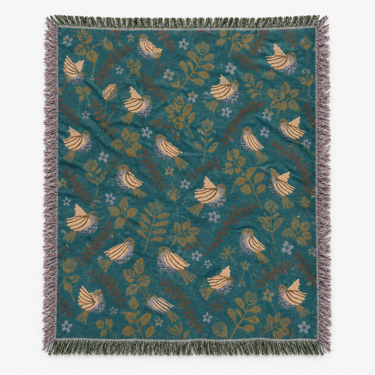 Corilma teal blue and cream reversible cotton blanket laid open showing birds and flowers on the teal face
