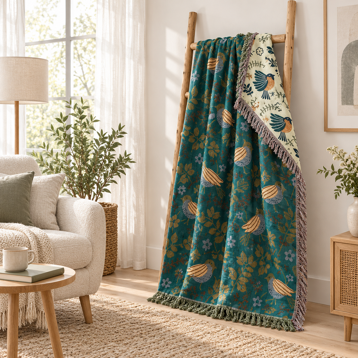Corilma teal blue and cream reversible throw blanket on a wooden ladder with the cream side showing