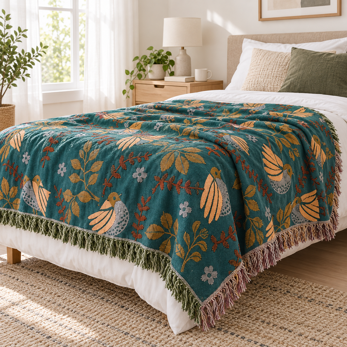 Corilma teal blue and cream cotton throw blanket hanging over the side of a bed with its fringed edge