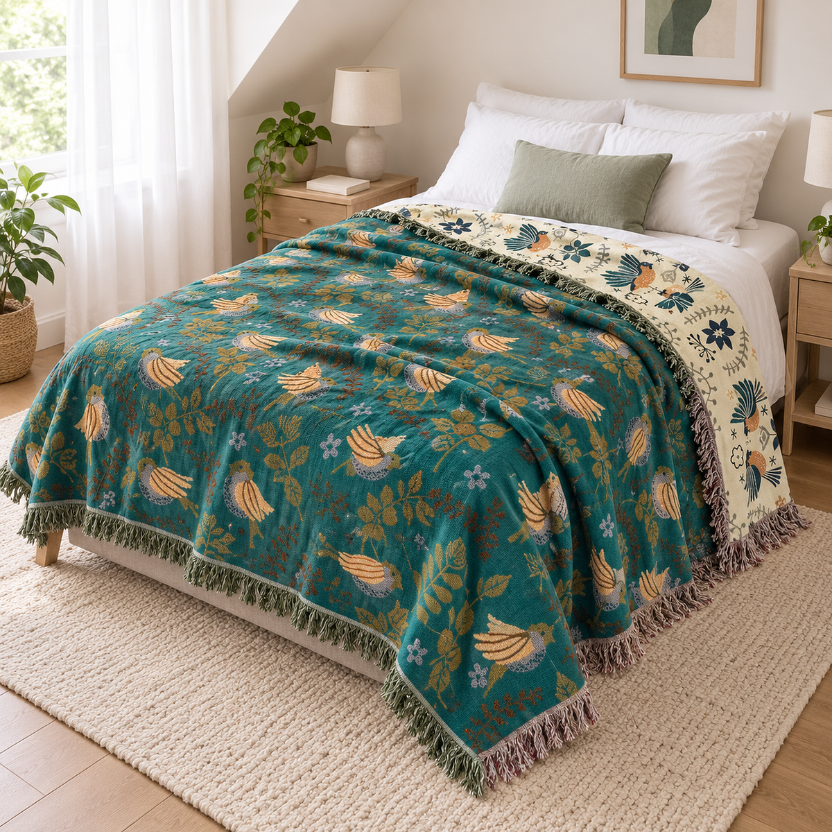 Corilma teal blue and cream cotton throw blanket spread over a made twin bed in a bright attic bedroom