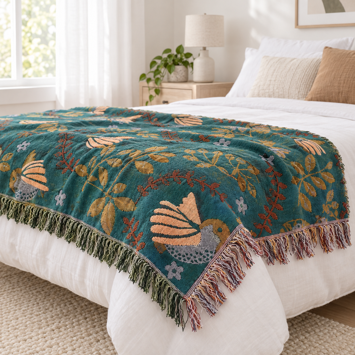 Corilma teal blue and cream throw blanket corner showing the tassel fringe on a bright bedroom bed
