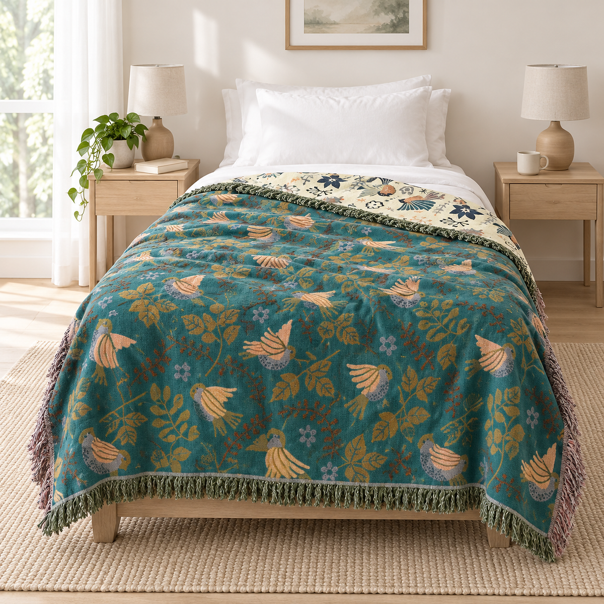 Corilma teal blue and cream cotton throw blanket open on a twin mattress with even drops on both sides
